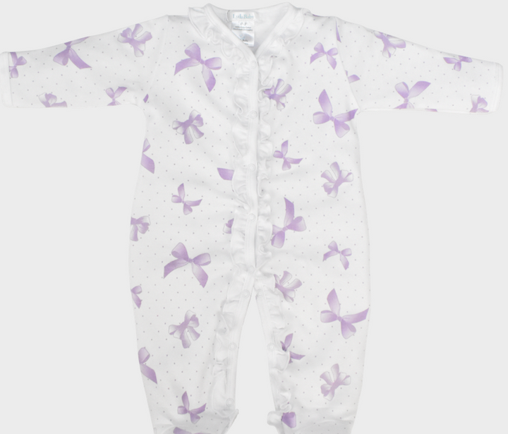 White Zipper Footie with Purple Bows