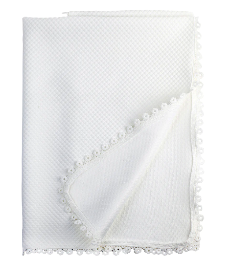 Personalized Special Occasion Off-White Quilted Baby Blanket with Lace Trim