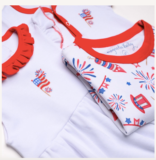 Red, White and Blue Embroidered Front Snap Short Playsuit