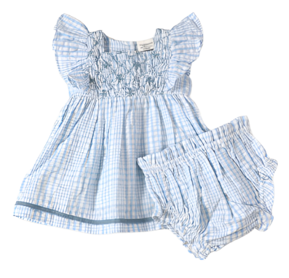 Anna Hand Smocked Seersucker Baby Dress & Bloomer-Baby Blue