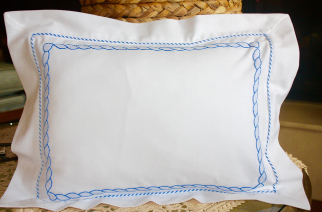 Personalized Rope Stitch Baby Pillow 12x16 White with Pink or Blue Roping