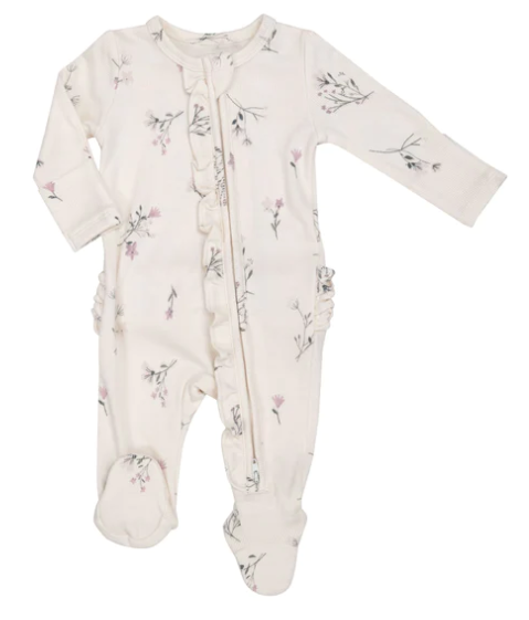 Wispy Floral 2 Way Ruffle Zipper Footie Ivory