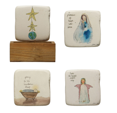 Set of 5- 4" Square Resin Coasters-Religious