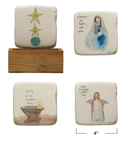 Set of 5- 4" Square Resin Coasters-Religious