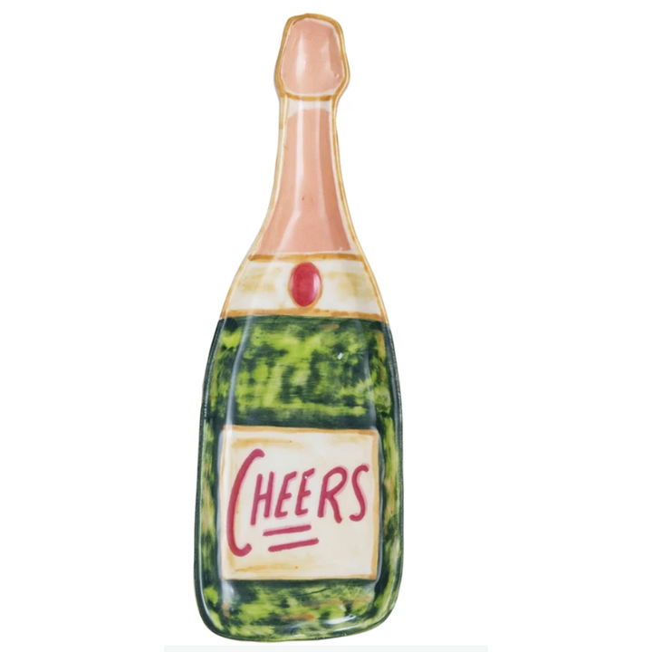 Stoneware Champagne Bottle Shaped Dish "Cheers", Multi Color