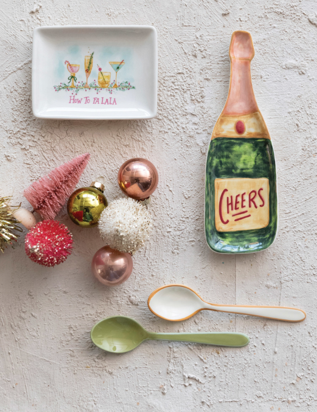 Stoneware Champagne Bottle Shaped Dish "Cheers", Multi Color