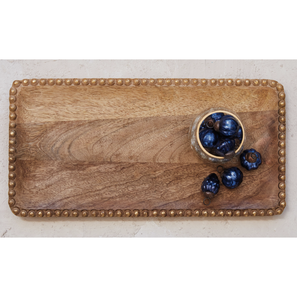 Carved Mango Wood Tray w/ Wood Beads, Natural & Gold Finish