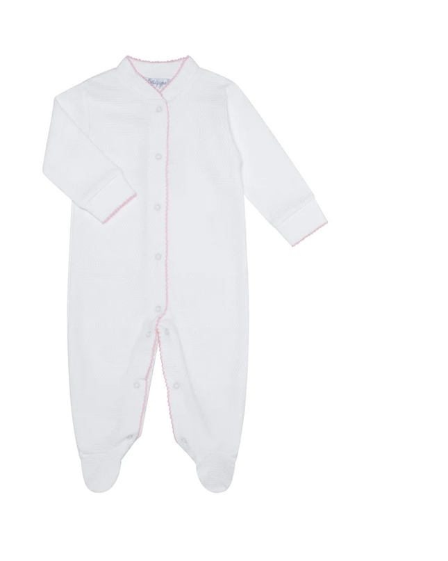 White bubble baby footie with picot trim — classic baby clothing, baby shower gift