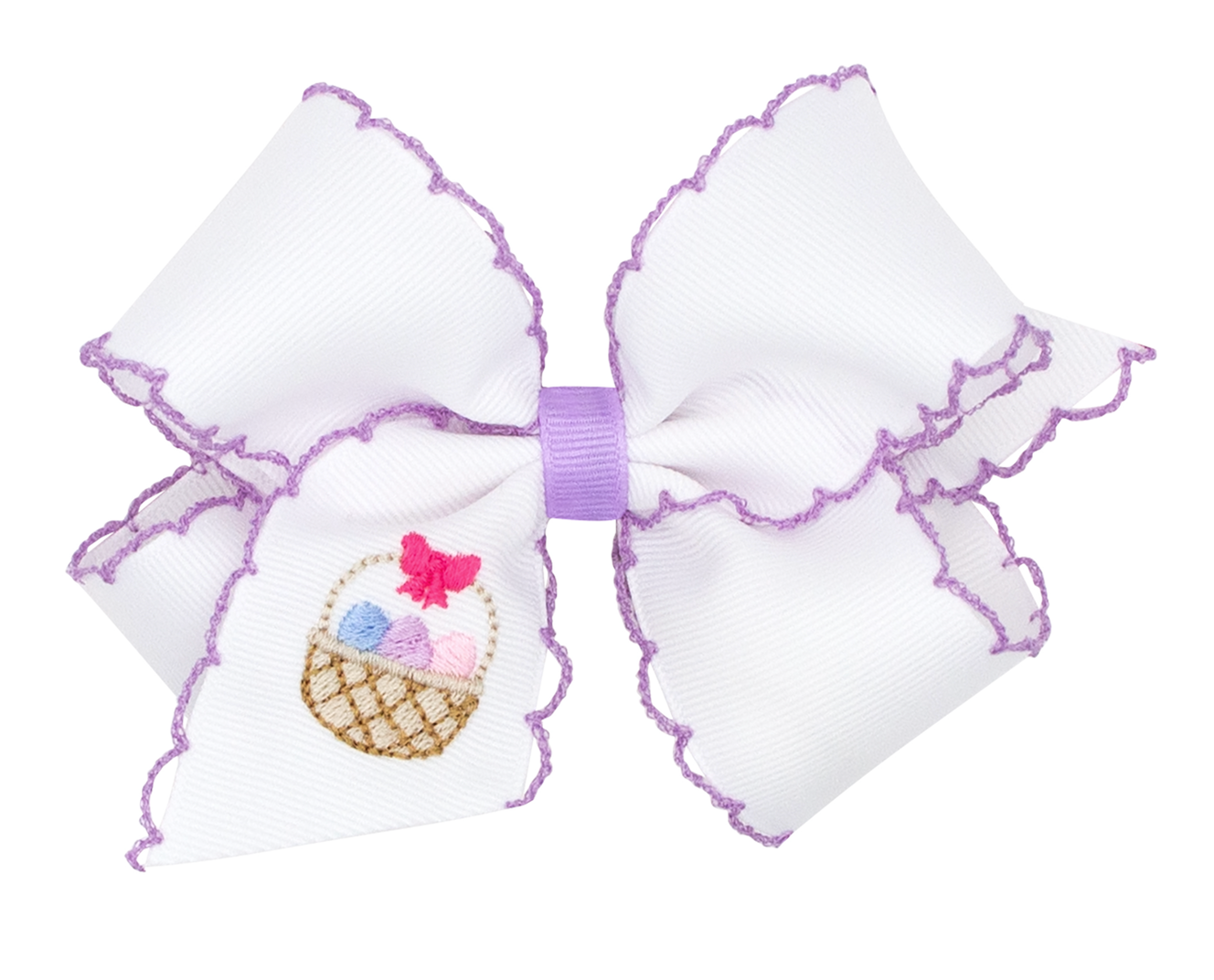 King White Grosgrain Bow with Moonstitch Edge and Easter-inspired Embroidery on Tail