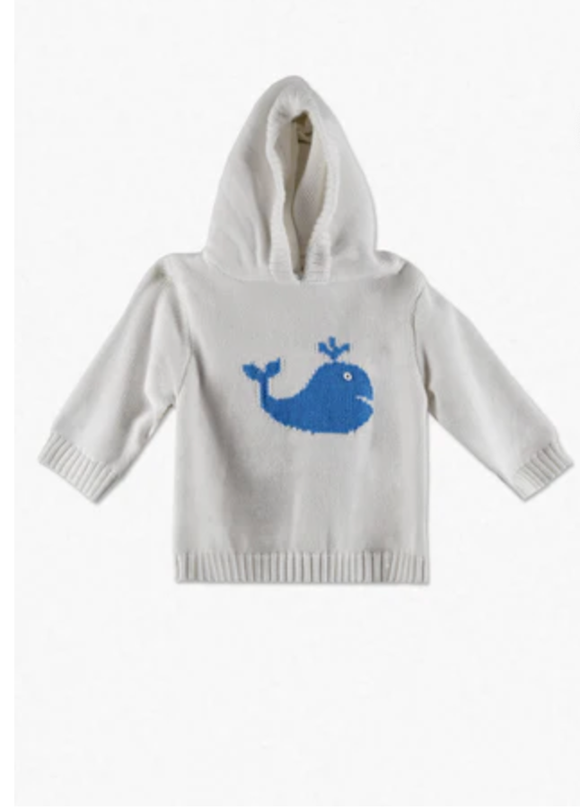 Hooded Zip Back Sweater-White with Light Blue Whale