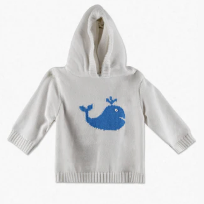 Hooded Zip Back Sweater-White with Light Blue Whale