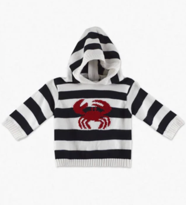 Hooded Zip Back Sweater-Navy Stripe w/Red Crab
