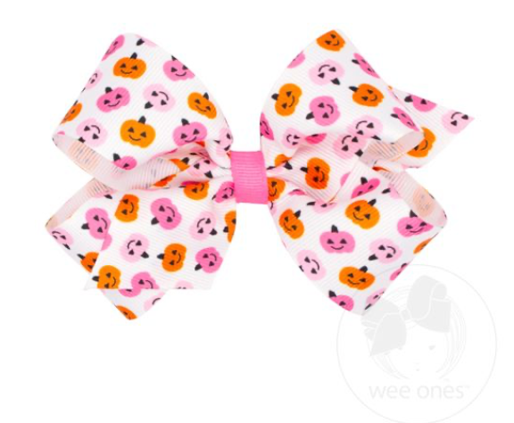 Medium Halloween-themed Pink Jack-O-Lantern Printed Grosgrain Hair bow