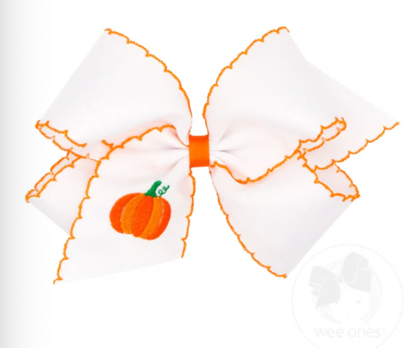 King Grosgrain Hair Bow with Moonstitch Edges and Pumpkin Embroidery