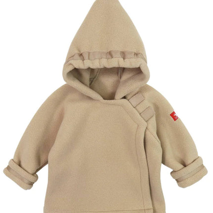 Beige baby hoodie with shoulder straps on a white background