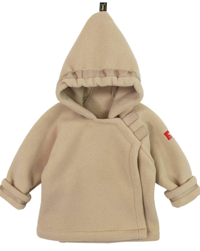Beige baby hoodie with shoulder straps on a white background