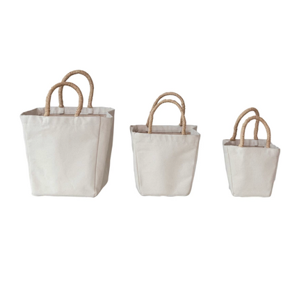 Cotton Canvas Containers w/ Braided Raffia Handles