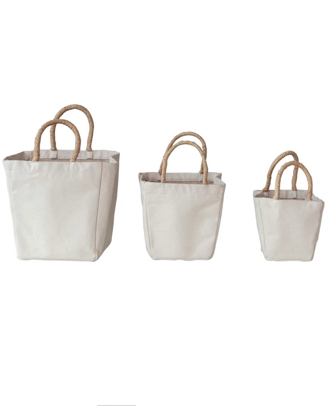 Cotton Canvas Containers w/ Braided Raffia Handles