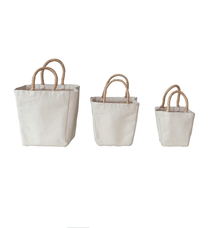 Cotton Canvas Containers w/ Braided Raffia Handles