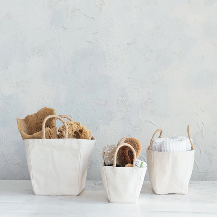 Cotton Canvas Containers w/ Braided Raffia Handles