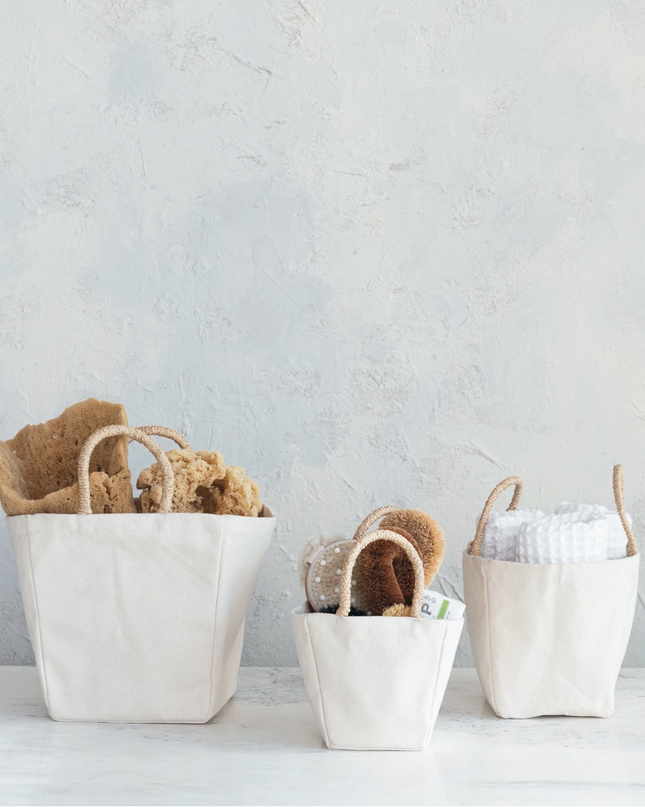Cotton Canvas Containers w/ Braided Raffia Handles