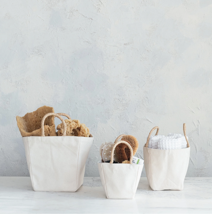 Cotton Canvas Containers w/ Braided Raffia Handles