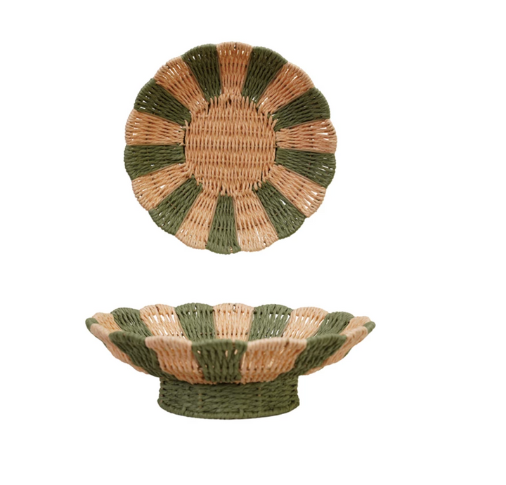 Decorative Woven Paper Rope Scalloped Footed Bowl with Stripes