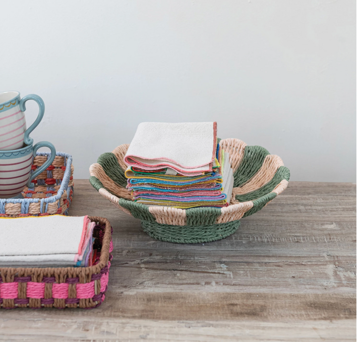 Decorative Woven Paper Rope Scalloped Footed Bowl with Stripes