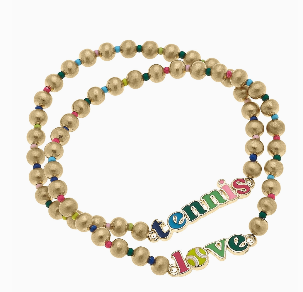 Tennis Love Rainbow Ball Bead Stretch Bracelet | Set of 2