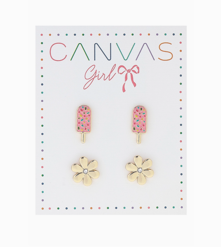 Lena Popsicle & Tiny Rhinestone Flower Children's Studs Set