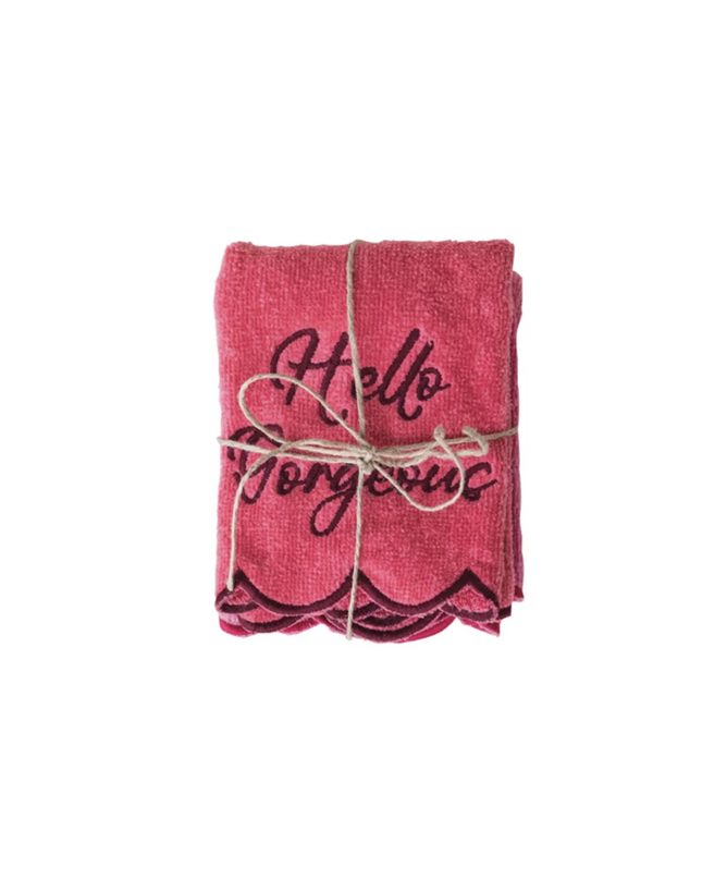 Cotton Terry Wash Cloths w/ Embroidered Saying & Scalloped Edge, Set of 2