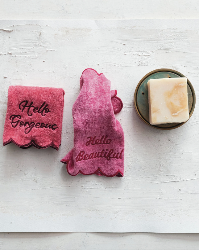 Cotton Terry Wash Cloths w/ Embroidered Saying & Scalloped Edge, Set of 2
