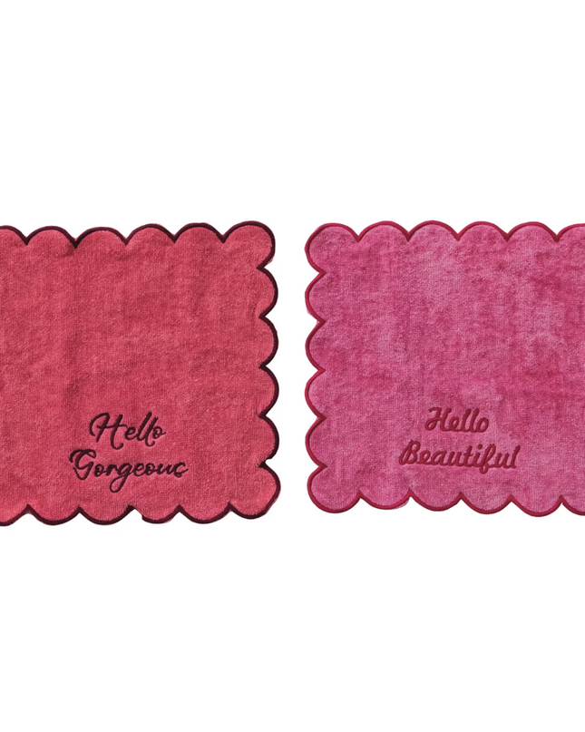 Cotton Terry Wash Cloths w/ Embroidered Saying & Scalloped Edge, Set of 2