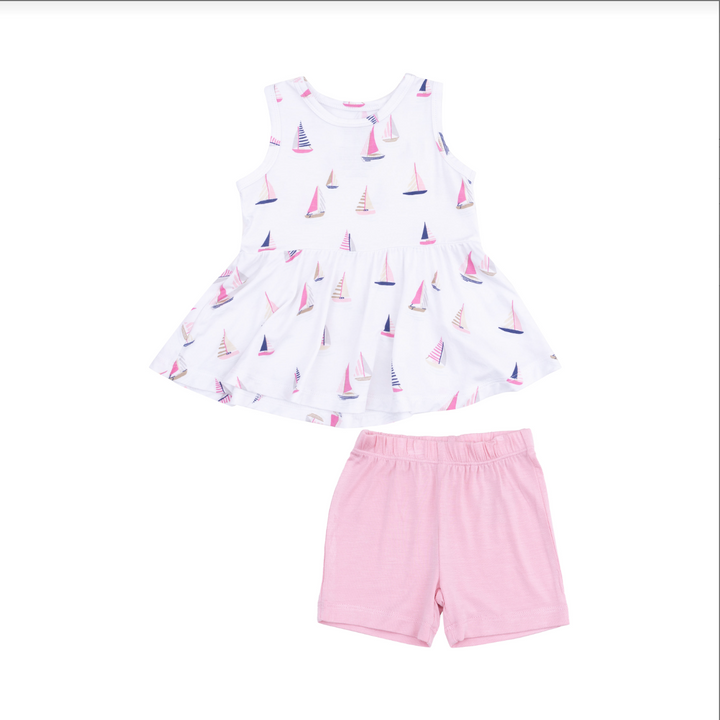 Sailboats Pink Peplum Tank Top And Bike Short