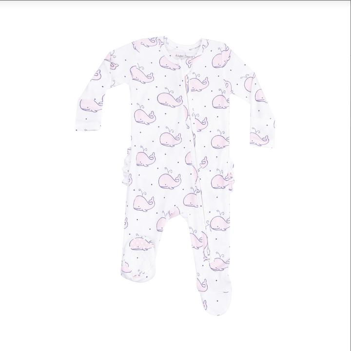 Bubbly Whale Pink Ribbed 2 Way Zipper Ruffle Back Footie