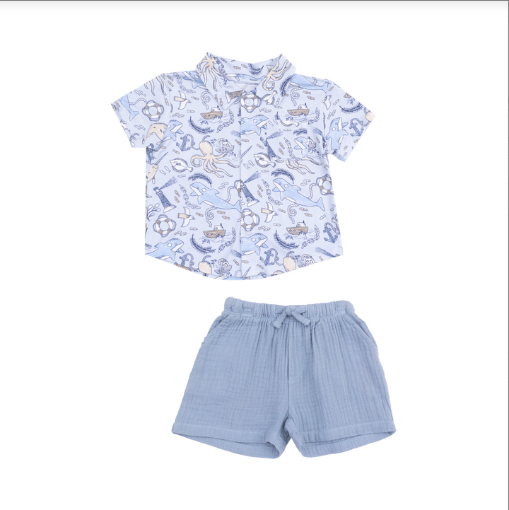 Nautical Notebook Button Down Bamboo Polo and Muslin Short Set