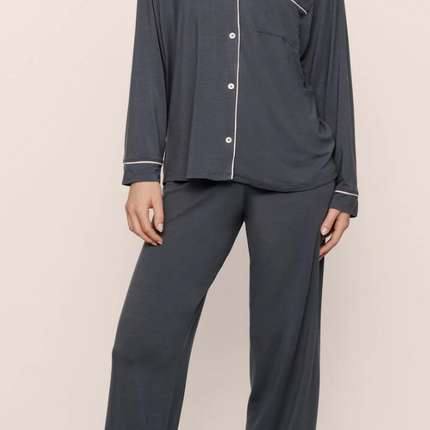 Monogrammed Petite Plume Navy Silk Pajamas
