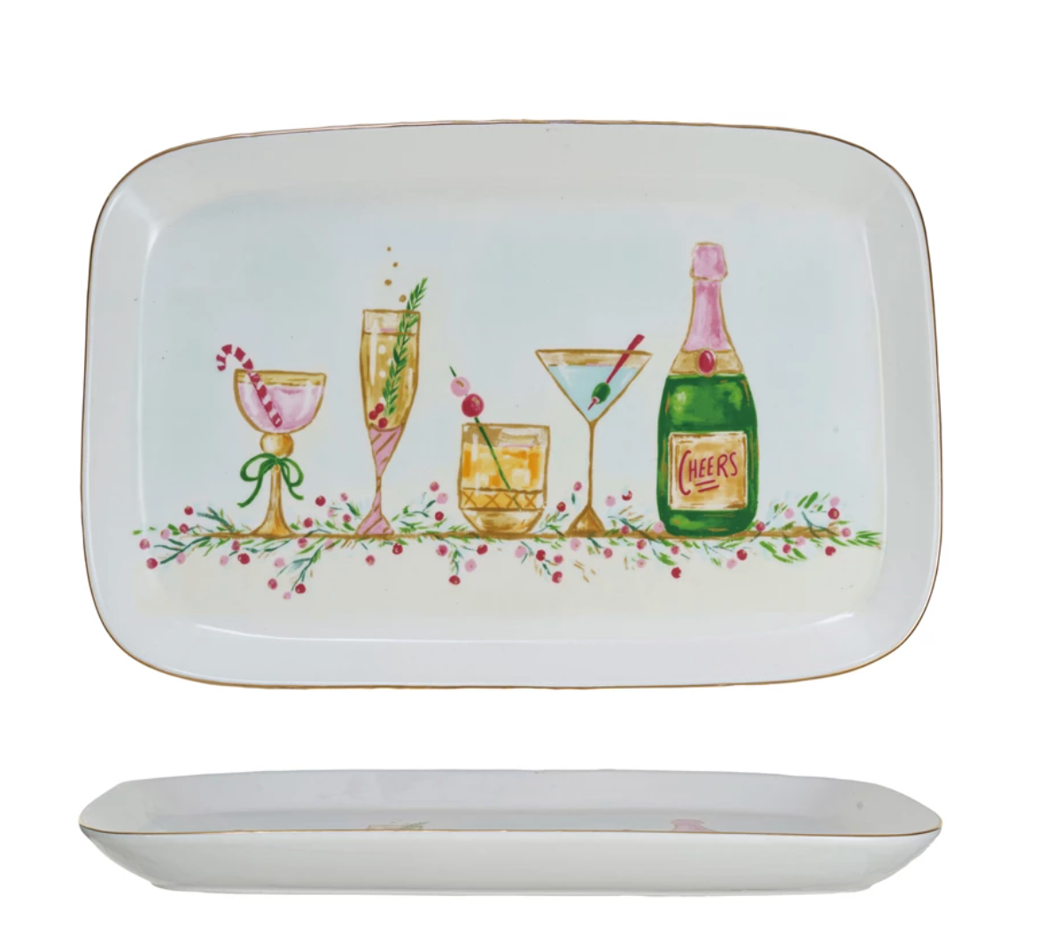 Stoneware Platter w/ Holiday Cocktails & Gold Electroplating