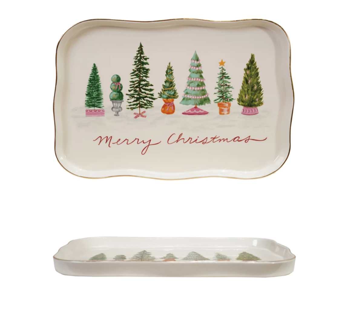 Stoneware Scalloped Platter with Trees