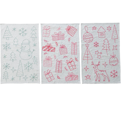 3pk Embroidered Woven Cotton & Linen Tea Towel