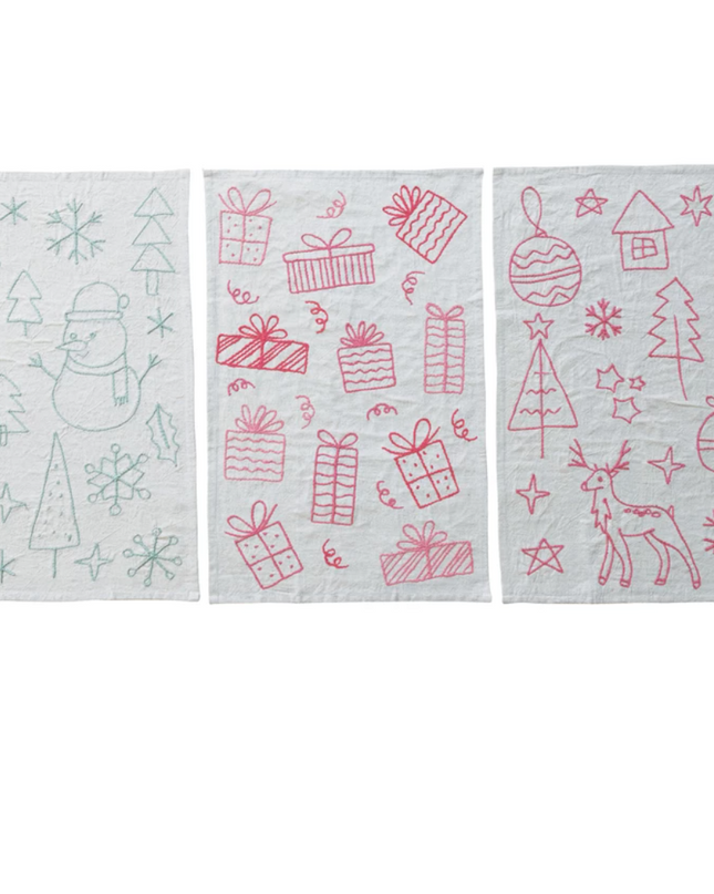 3pk Embroidered Woven Cotton & Linen Tea Towel