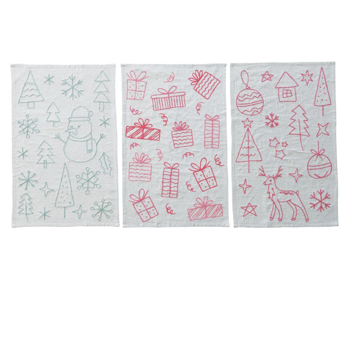 3pk Embroidered Woven Cotton & Linen Tea Towel