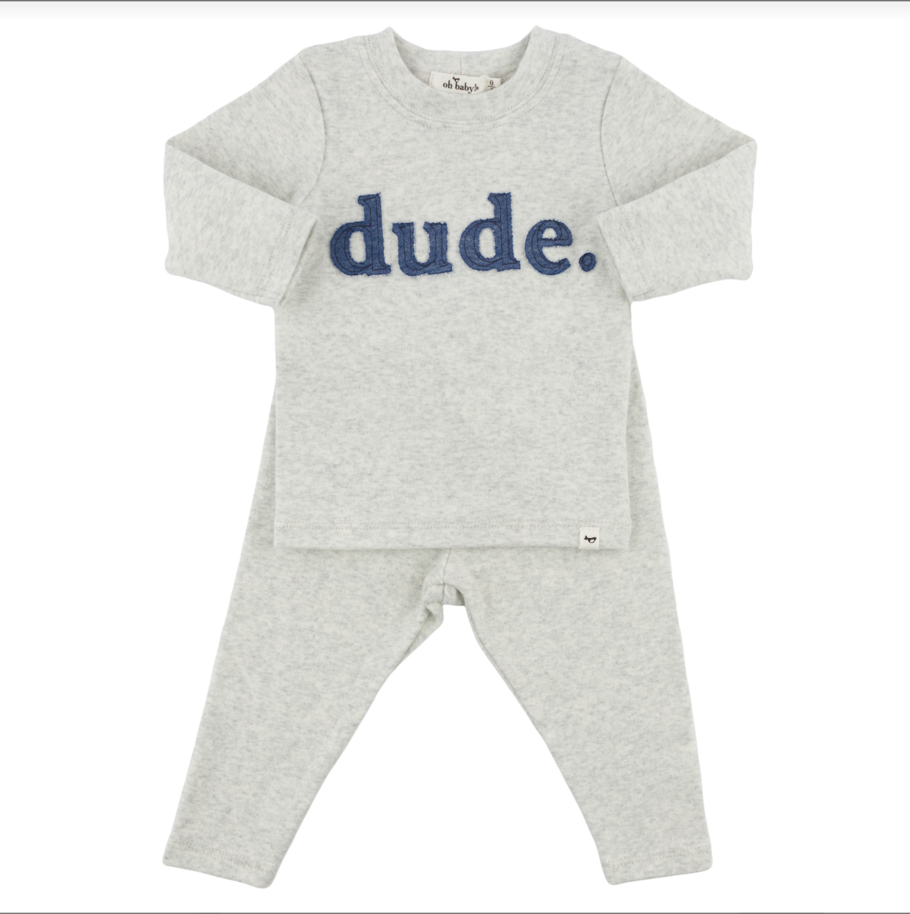 Denim 'Dude' Ribbed Applique Long Sleeve 2pc Set