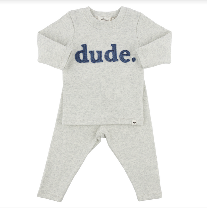 Denim 'Dude' Ribbed Applique Long Sleeve 2pc Set