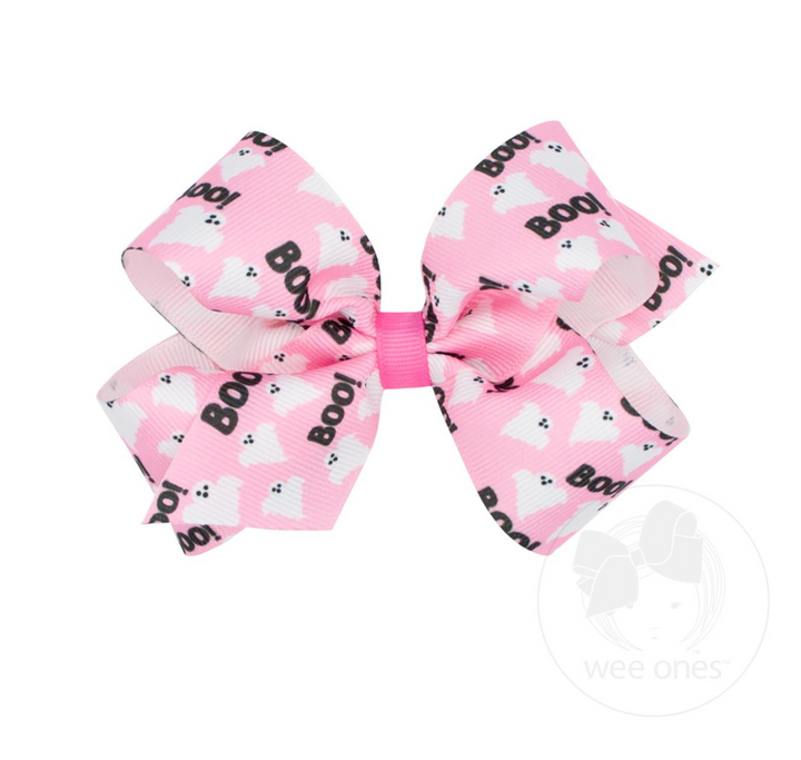 Medium Halloween Themed Pink Boo Grosgrain Hair Bow