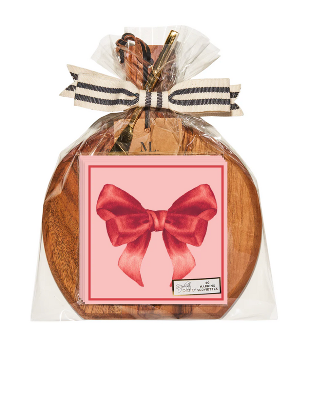 Acacia Bevel Board w/ Gold Spreader & Pink Bows Napkin
