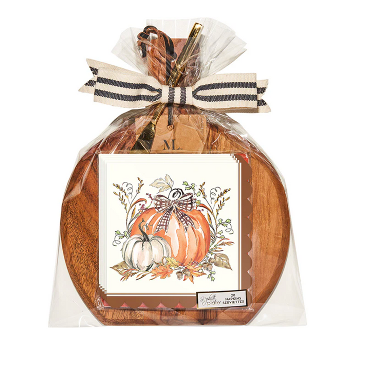 Acacia Bevel Board w/ Gold Spreader & Turkey Grounds Napkin