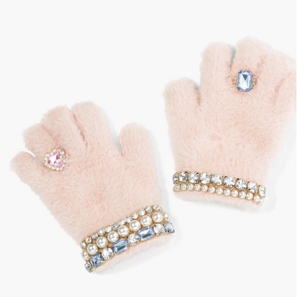 Pink Chenille Gloves Jeweled Gloves