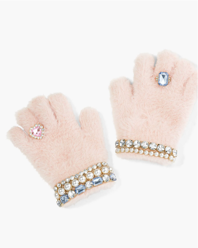 Pink Chenille Gloves Jeweled Gloves