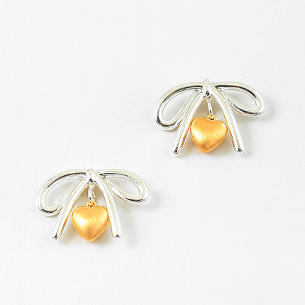 Two-Tone Bow Heart Stud Earrings | Silver Bow with Gold Heart Charm
